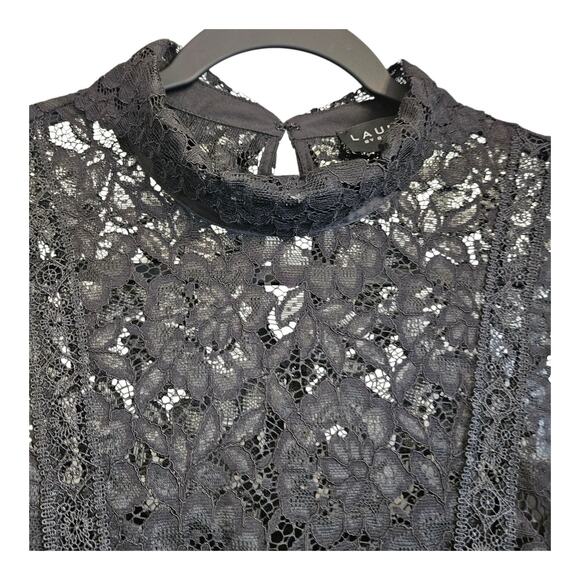 Laundry by Shelli Segal Womens M Lace Top Black Collar S/S Back Keyhole Closure - Picture 4 of 10